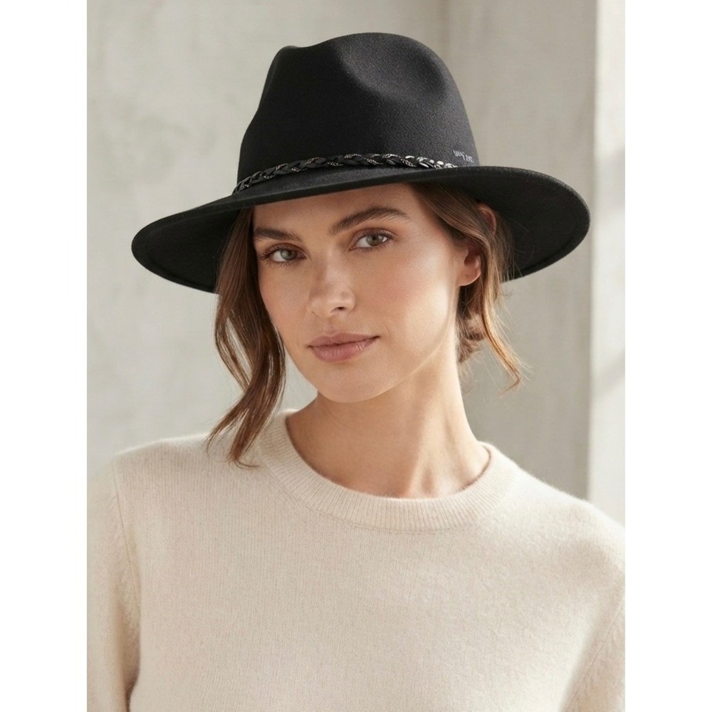 Nine West Fedora Hat Womens OS Black 100% Wool Braided Trim Wide Brim